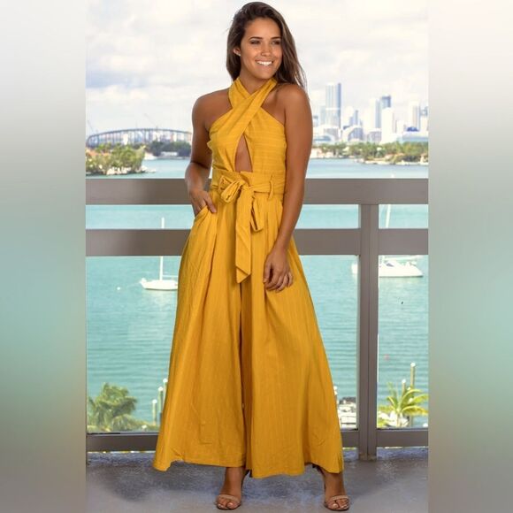 the clothing company Pants - The Clothing Company Halter Neck Wide Leg Pinstripe Jumpsuit in Mustard - Small
